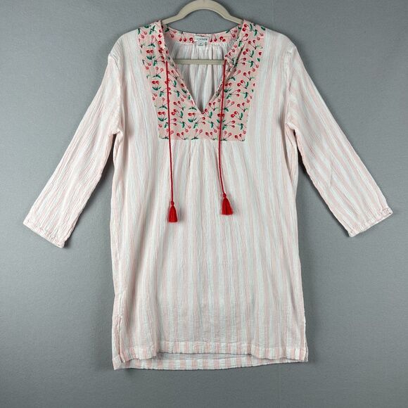 J. Crew Cherry Gauze Tunic/Swim Cover Up Womens Medium Pink Striped Tassel Gauzy - Picture 1 of 14